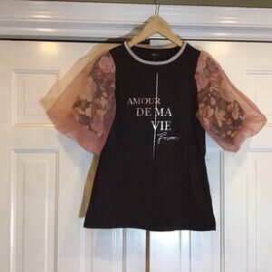 River Island Women Black Top Sz S Twee Girlhood Fairy Whimsigoth Embellished Y2K